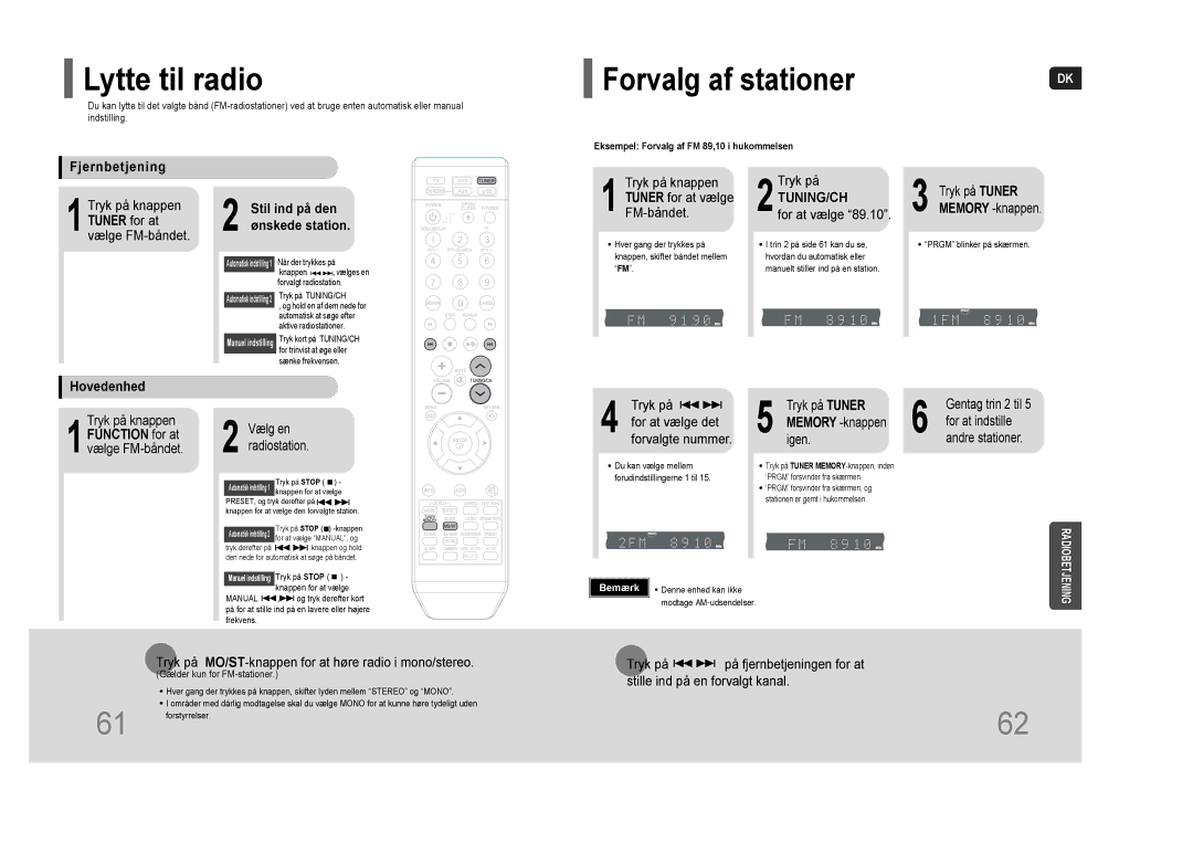 Samsung HT-THQ22R/ELS, HT-THQ25R/ELS manual Lytte til radio, Fjernbetjening, Stil ind på den ønskede station, Hovedenhed 