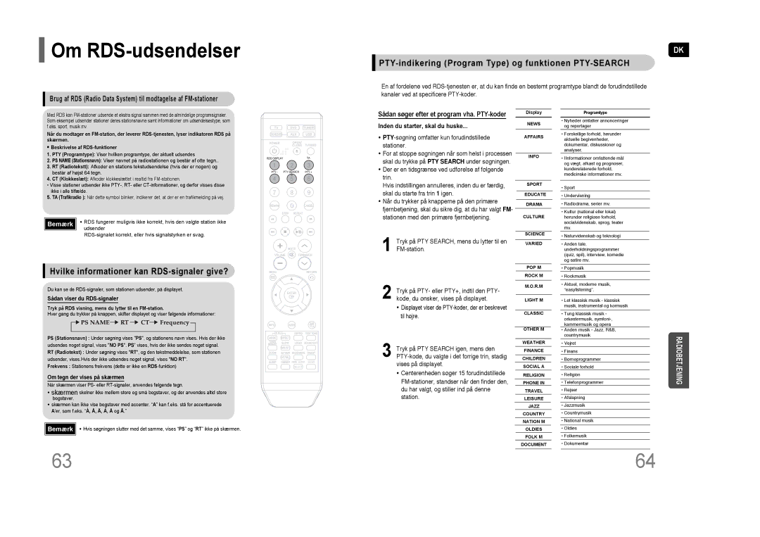 Samsung HT-THQ25R/ELS, HT-THQ22R/ELS manual Om RDS-udsendelser, PTY-indikering Program Type og funktionen PTY-SEARCH 