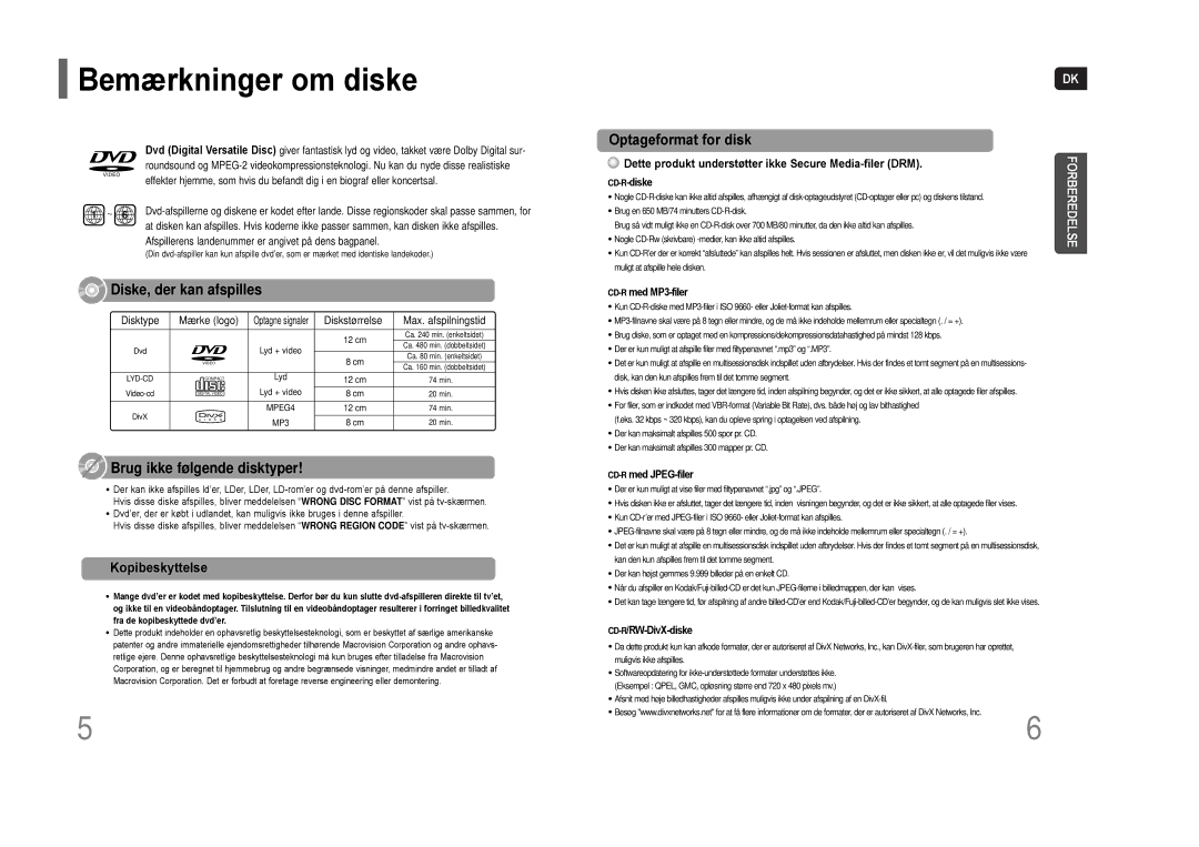 Samsung HT-THQ22R/ELS manual Bemærkninger om diske, Kopibeskyttelse, Dette produkt understøtter ikke Secure Media-filer DRM 