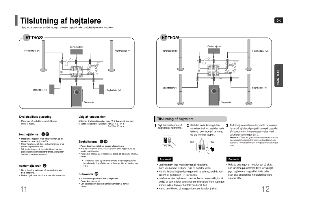 Samsung HT-THQ25R/ELS, HT-THQ22R/ELS manual Tilslutning af højtalere, Tilslutning af højttalere 