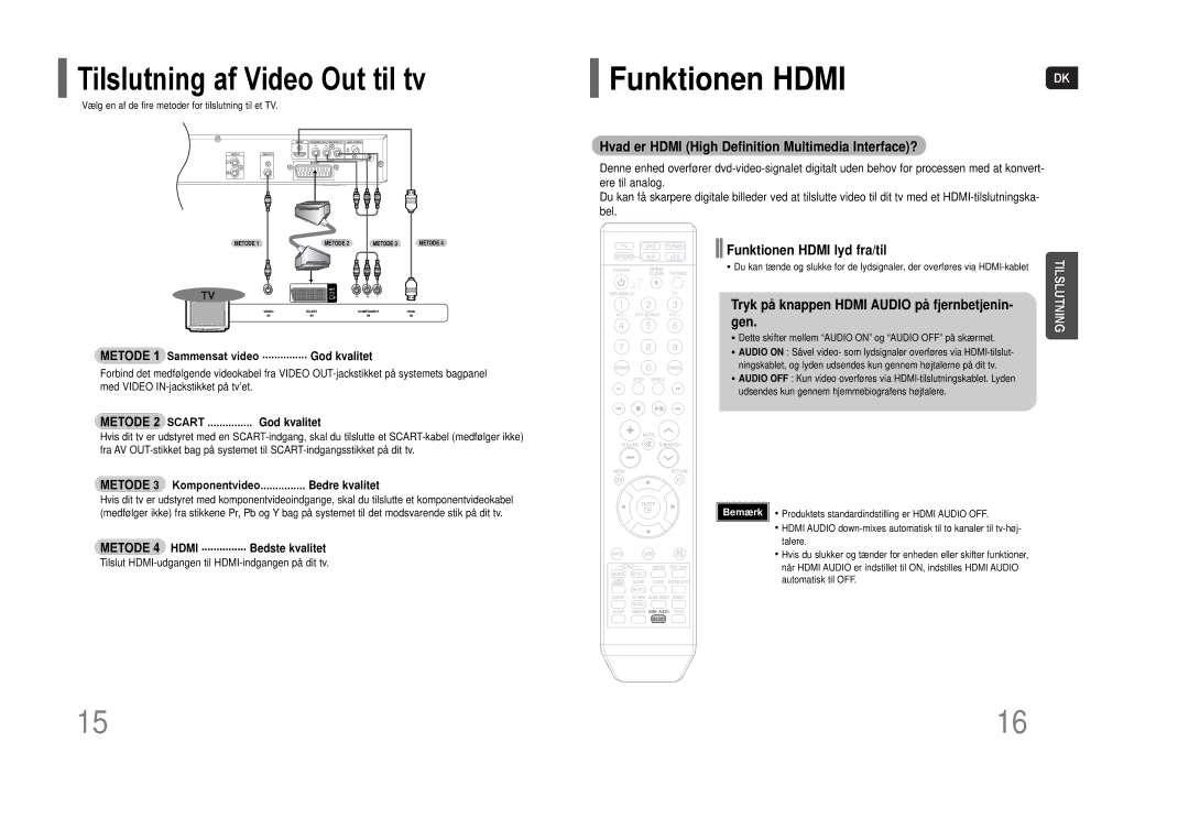 Samsung HT-THQ25R/ELS, HT-THQ22R/ELS manual Metode 1 Sammensat video ............... God kvalitet, Metode 3 Komponentvideo 