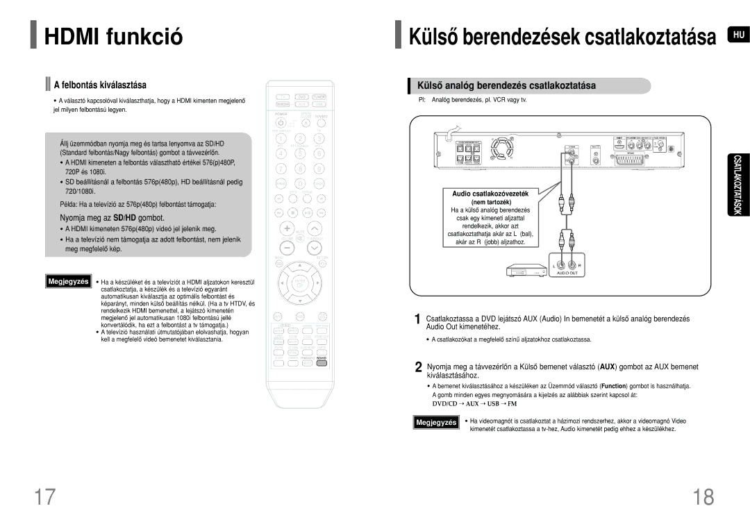 Samsung HT-THQ22R/ELS, HT-THQ25R/ELS manual Felbontás kiválasztása, Külsô analóg berendezés csatlakoztatása 