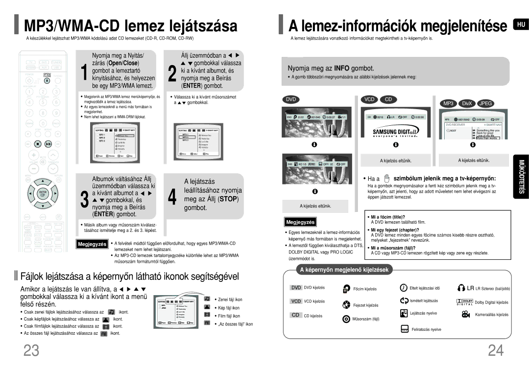 Samsung HT-THQ25R/ELS, HT-THQ22R/ELS manual MP3/WMA-CD lemez lejátszása, Nyomja meg az Info gombot, Lejátszás, Gombot 