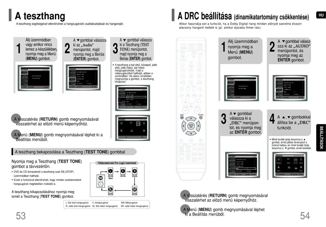 Samsung HT-THQ22R/ELS, HT-THQ25R/ELS Kikapcsol.ki a Teszthang Test Állj üzemmódban, 1nyomja meg a Menü Menu gombot 