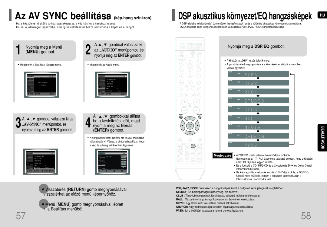 Samsung HT-THQ22R/ELS, HT-THQ25R/ELS manual Az AV Sync beállítása kép-hang szinkron, Nyomja meg a Menü Gombbal válassza ki 