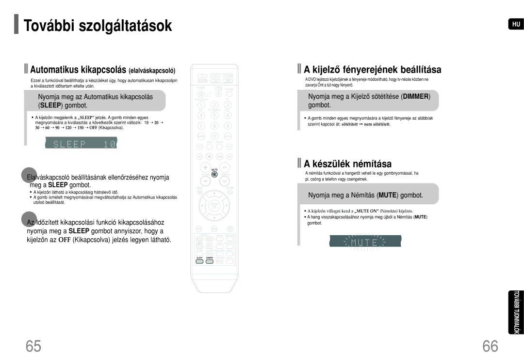 Samsung HT-THQ22R/ELS manual Nyomja meg az Automatikus kikapcsolás, Sleep gombot Gombot, Nyomja meg a Némítás Mute gombot 