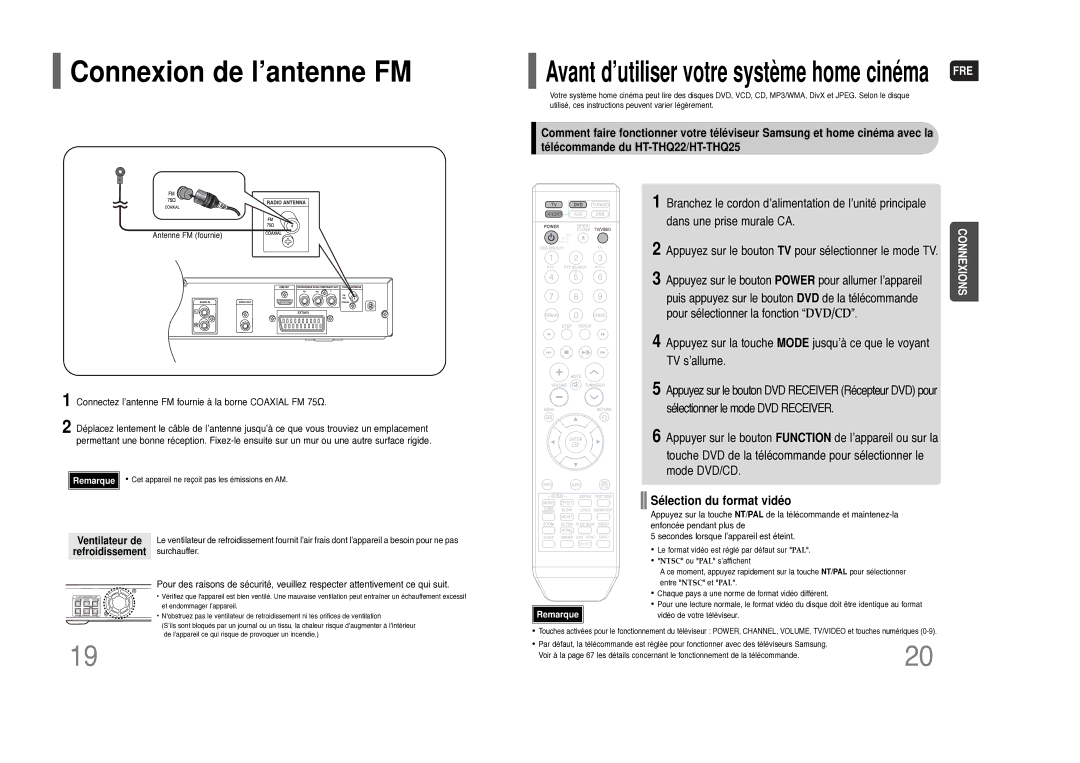 Samsung HT-THQ25R/ELS manual Connexion de l’antenne FM, Sélection du format vidéo, Ventilateur de, Refroidissement 