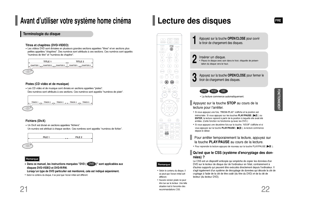 Samsung HT-THQ25R/ELS Terminologie du disque, Insérer un disque, Quest que le CSS système dencryptage des don- nées ? 