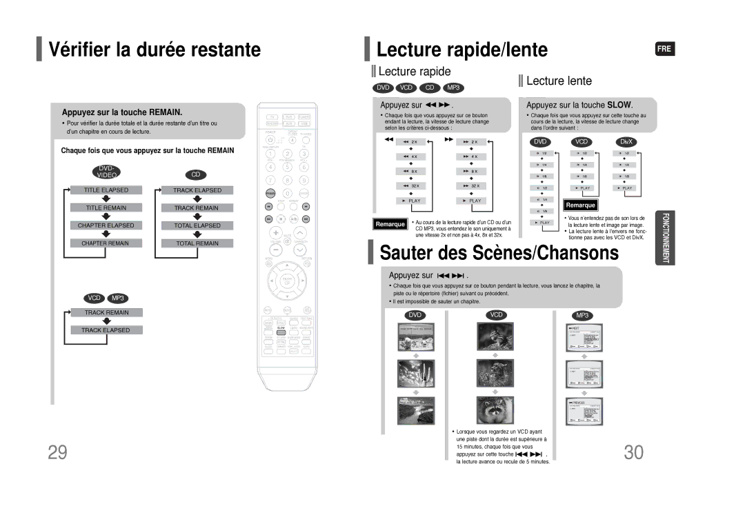 Samsung HT-THQ25R/ELS manual Vérifier la durée restante Lecture rapide/lente, Appuyez sur la touche Remain 