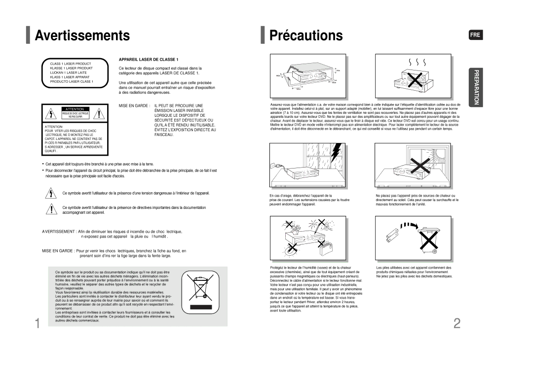 Samsung HT-THQ25R/ELS manual Avertissements PrécautionsFRE, Appareil Laser DE Classe 