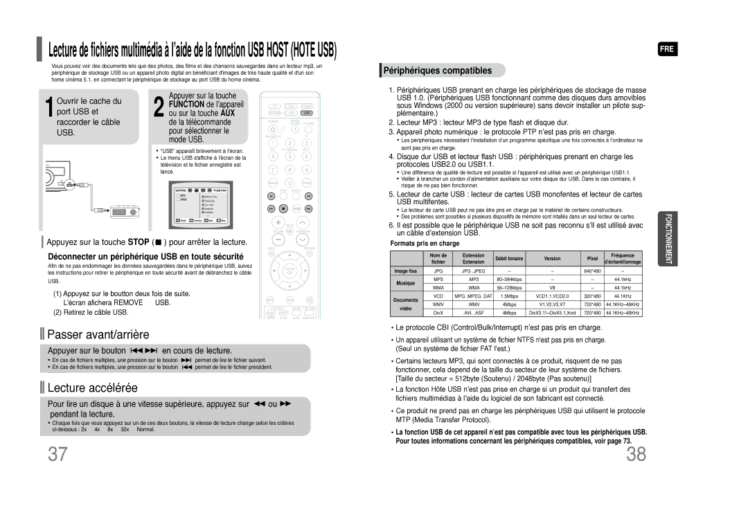 Samsung HT-THQ25R/ELS 1Ouvrir le cache du port USB et raccorder le câble USB, Appuyer sur le bouton en cours de lecture 