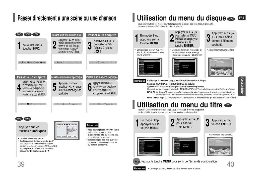 Samsung HT-THQ25R/ELS manual Utilisation du menu du titre DVD, En mode Stop, appuyez sur la touche Menu 