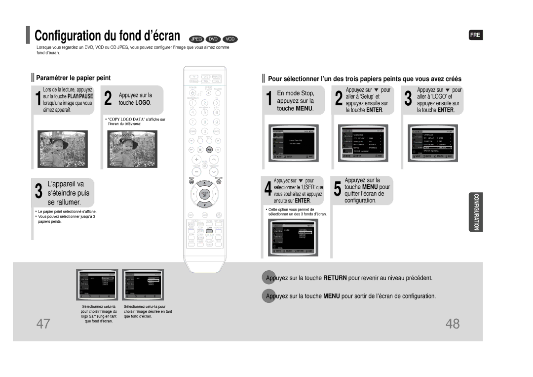 Samsung HT-THQ25R/ELS manual Configuration du fond d’écran Jpeg DVD VCD 