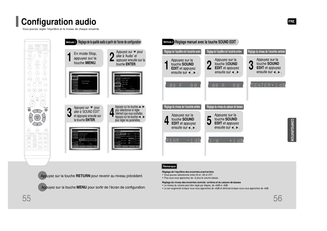 Samsung HT-THQ25R/ELS manual Configuration audio, Méthode 2 Réglage manuel avec la touche Sound Edit 