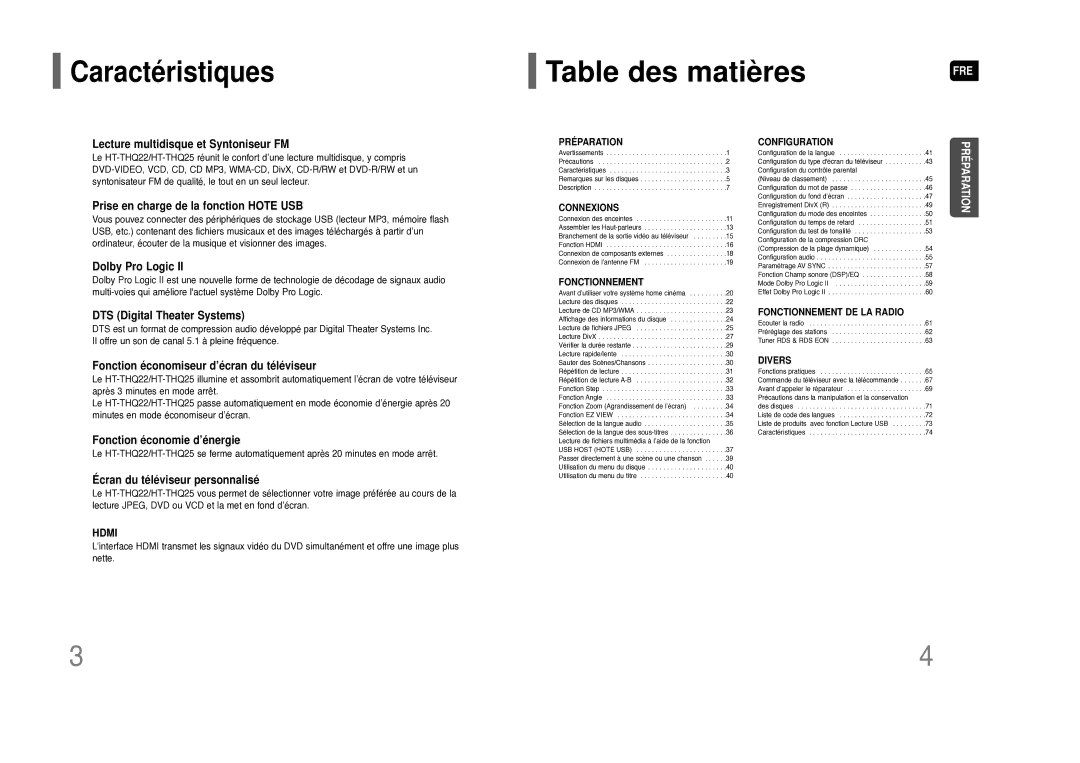 Samsung HT-THQ25R/ELS manual Caractéristiques 