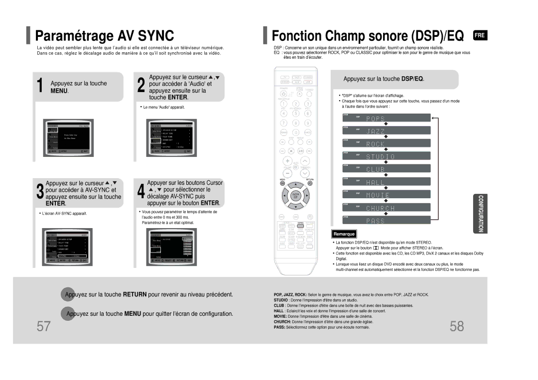 Samsung HT-THQ25R/ELS manual Paramétrage AV Sync, Appuyez ensuite sur la, Appuyez sur la touche DSP/EQ 