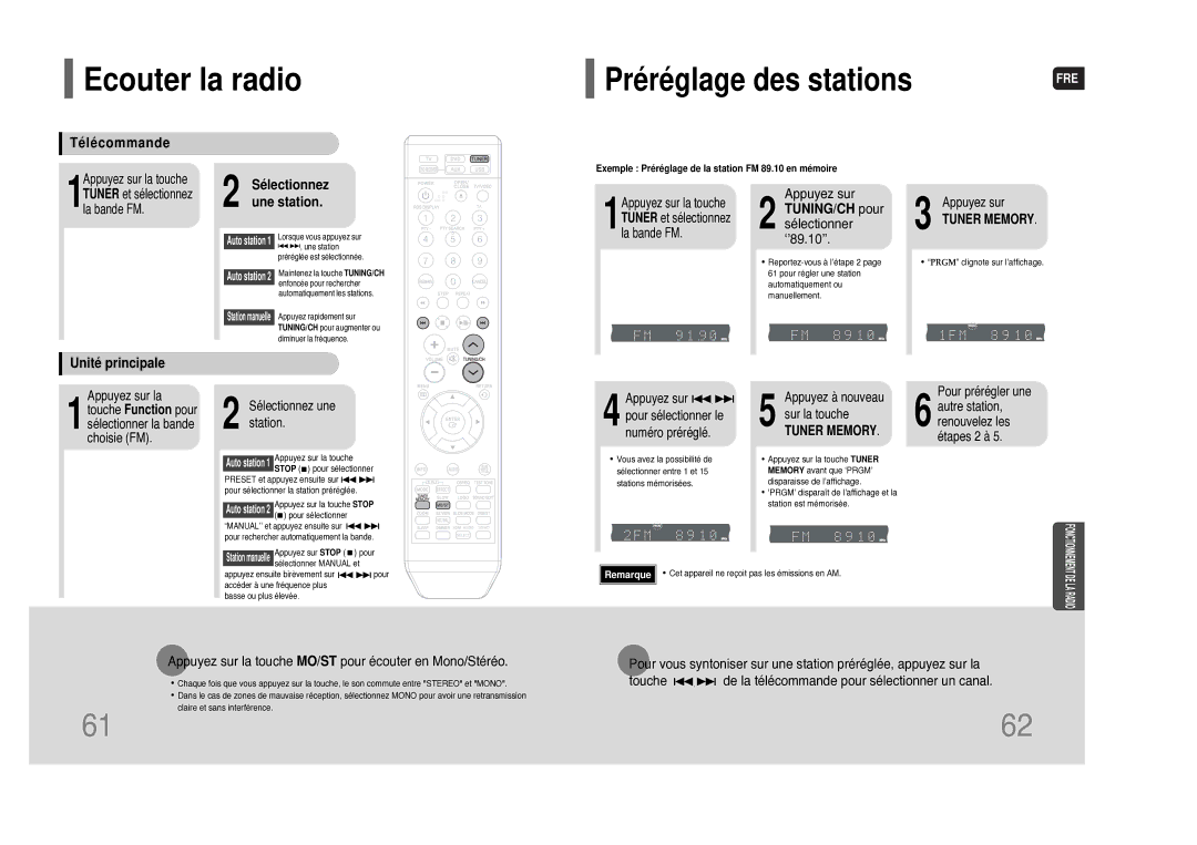 Samsung HT-THQ25R/ELS manual Ecouter la radio, Télécommande, Sélectionnez une station, TUNING/CH pour sélectionner 