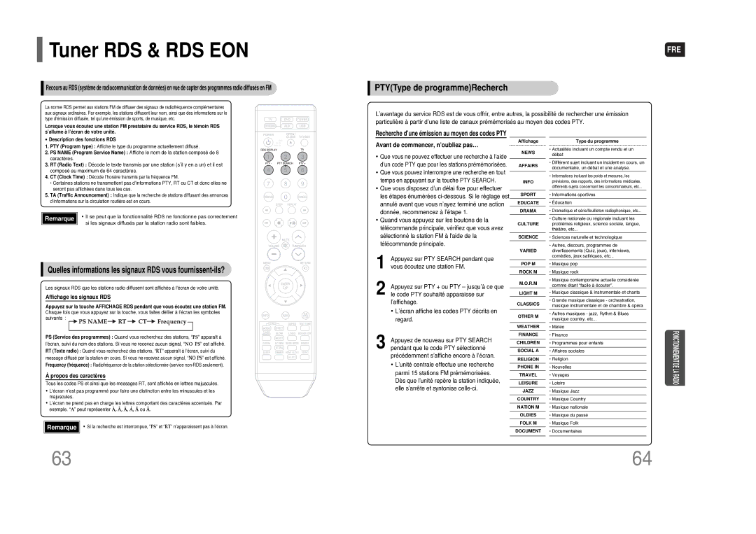 Samsung HT-THQ25R/ELS manual Tuner RDS & RDS EON, PTYType de programmeRecherch 