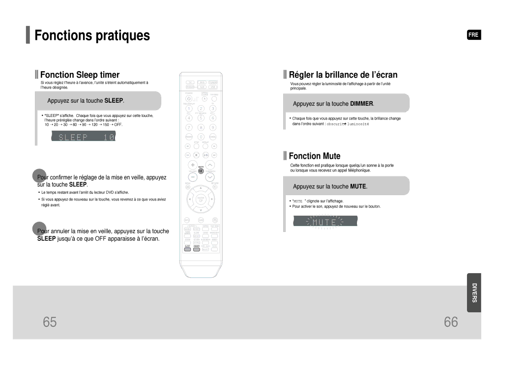 Samsung HT-THQ25R/ELS manual Appuyez sur la touche Sleep, Appuyez sur la touche Dimmer, Appuyez sur la touche Mute 