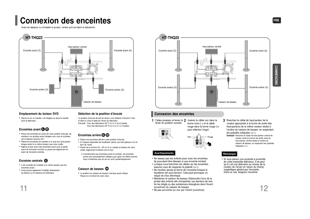 Samsung HT-THQ25R/ELS manual Connexion des enceintes 