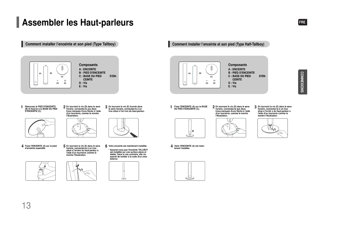 Samsung HT-THQ25R/ELS manual Assembler les Haut-parleurs, Comment installer l’enceinte et son pied Type Tallboy, Composants 