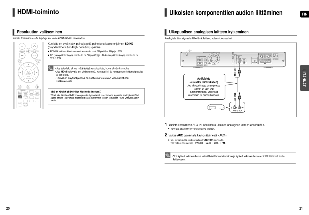 Samsung HT-THX25R/XEE, HT-THX22R/XEE HDMI-toiminto, Resoluution valitseminen, Ulkopuolisen analogisen laitteen kytkeminen 