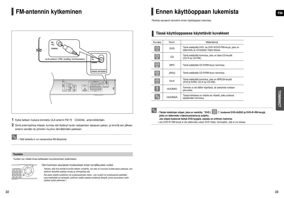 Samsung HT-THX22R/XEE FM-antennin kytkeminen, Ennen käyttöoppaan lukemista, Tässä käyttöoppaassa käytettävät kuvakkeet 