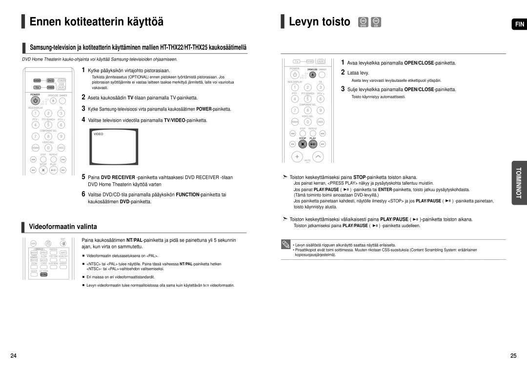 Samsung HT-THX25R/XEE, HT-THX22R/XEE manual Levyn toisto DVD CD, Avaa levykelkka painamalla OPEN/CLOSE-painiketta Lataa levy 