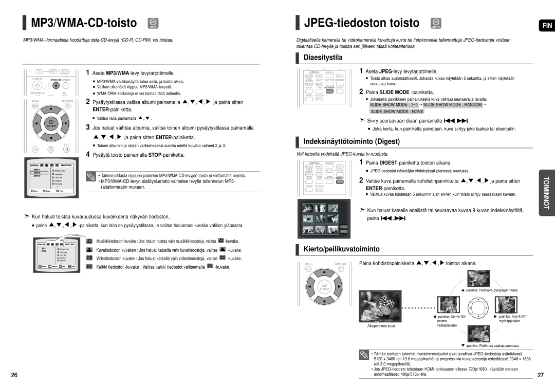 Samsung HT-THX22R/XEE manual MP3/WMA-CD-toisto MP3, JPEG-tiedoston toisto Jpeg, Diaesitystila, Indeksinäyttötoiminto Digest 