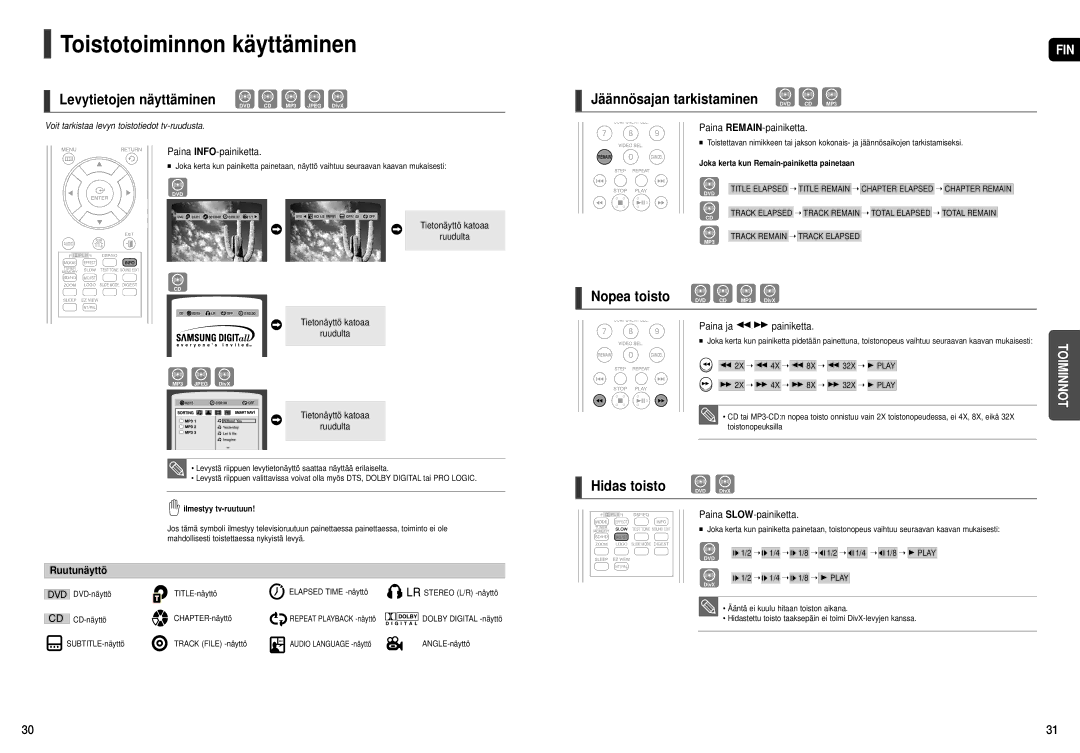 Samsung HT-THX22R/XEE, HT-THX25R/XEE manual Toistotoiminnon käyttäminen, Levytietojen näyttäminen, Ruutunäyttö 