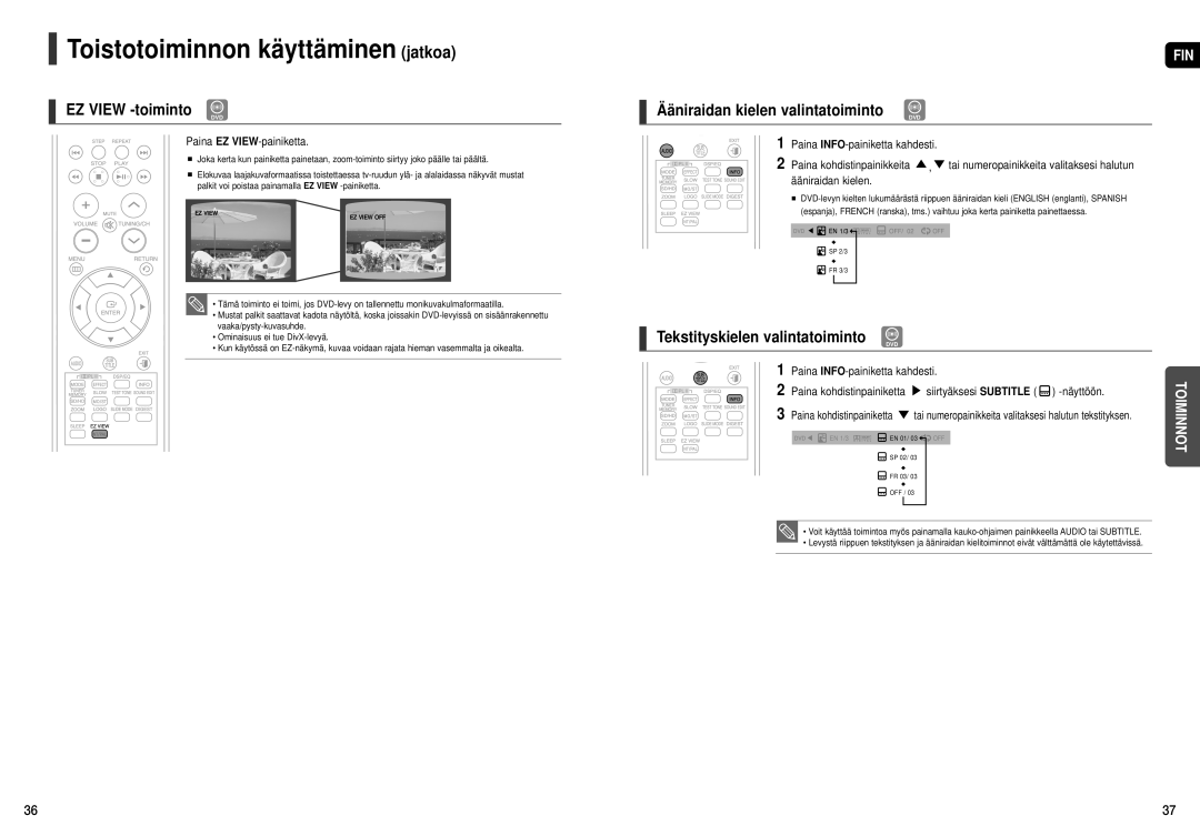 Samsung HT-THX25R/XEE, HT-THX22R/XEE manual EZ View -toiminto, Tekstityskielen valintatoiminto, Paina EZ VIEW-painiketta 