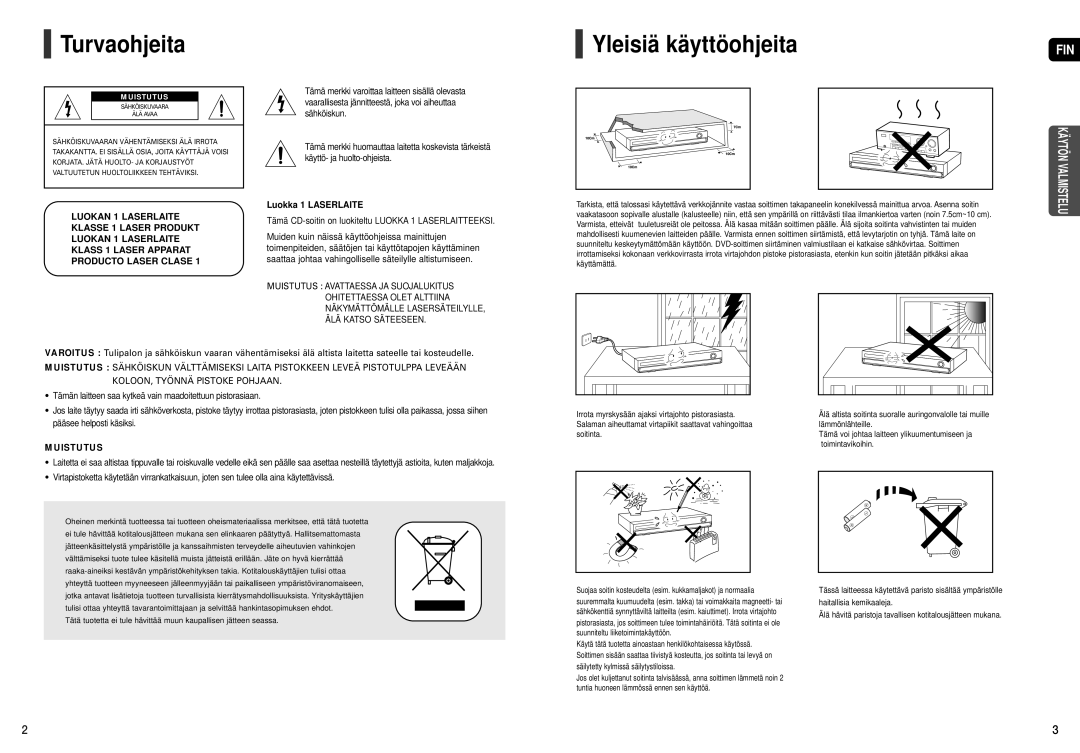 Samsung HT-THX22R/XEE, HT-THX25R/XEE manual Turvaohjeita, Yleisiä käyttöohjeita 