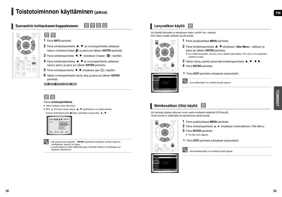 Samsung HT-THX22R/XEE, HT-THX25R/XEE manual Levyvalikon käyttö, Nimikevalikon title käyttö DVD 