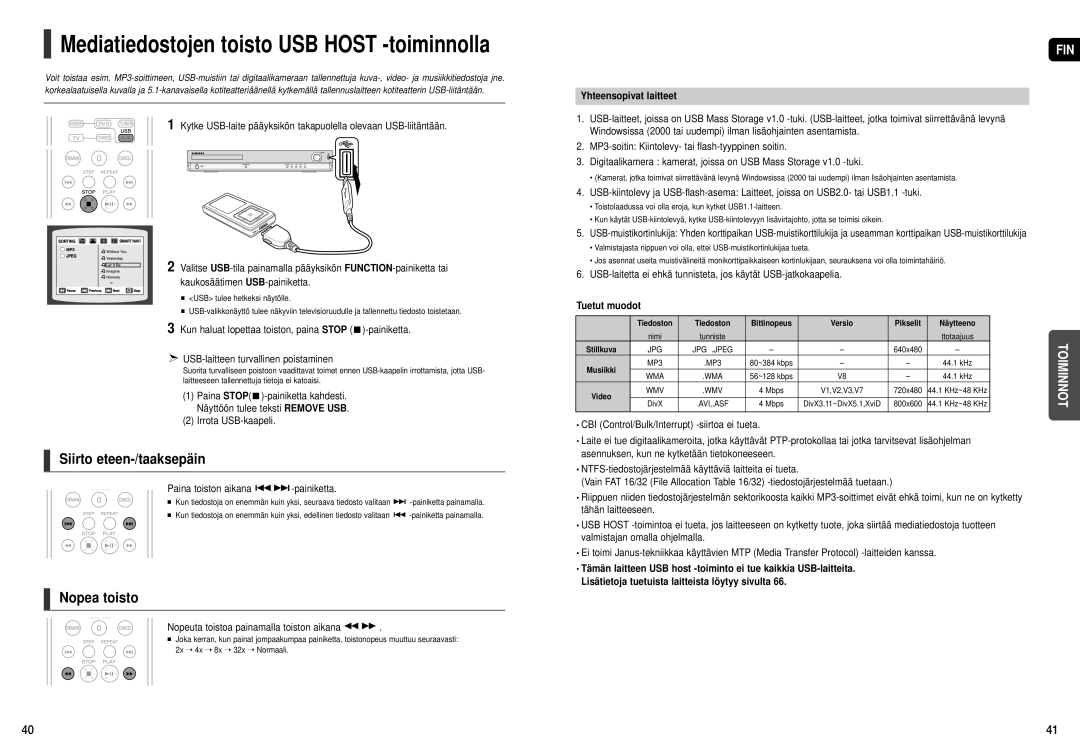 Samsung HT-THX25R/XEE, HT-THX22R/XEE manual Siirto eteen-/taaksepäin, Irrota USB-kaapeli, Paina toiston aikana -painiketta 