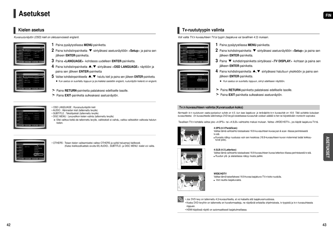 Samsung HT-THX22R/XEE, HT-THX25R/XEE manual Asetukset, Kielen asetus, Tv-ruututyypin valinta, Jälkeen ENTER-painiketta Paina 