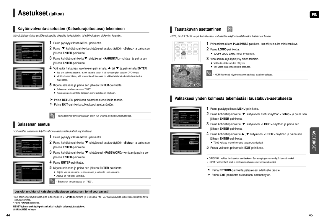 Samsung HT-THX25R/XEE manual Asetukset jatkoa, Käytönvalvonta-asetusten Katselurajoitustaso tekeminen, Salasanan asetus 