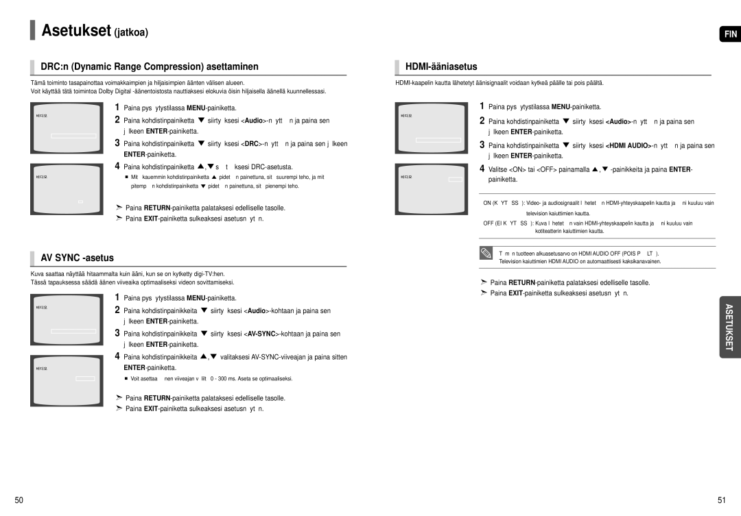 Samsung HT-THX22R/XEE, HT-THX25R/XEE manual DRCn Dynamic Range Compression asettaminen, AV Sync -asetus, HDMI-ääniasetus 