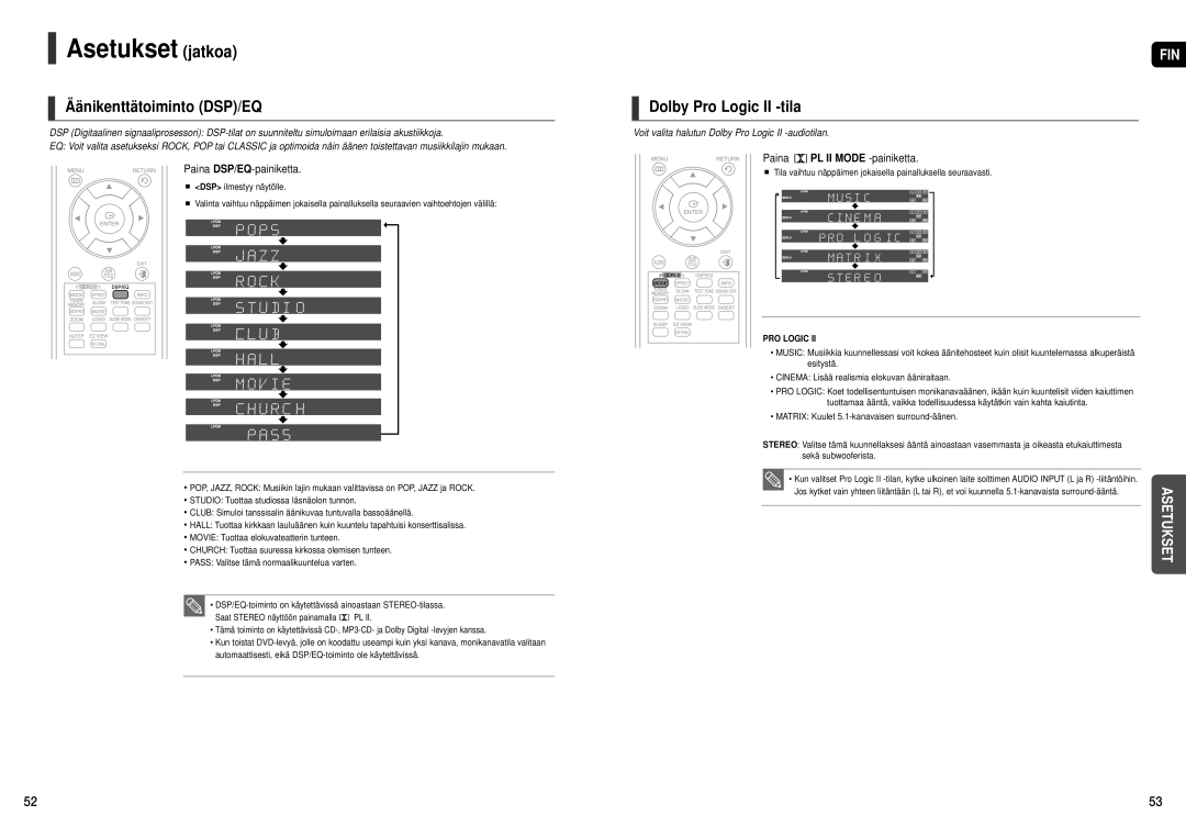 Samsung HT-THX25R/XEE, HT-THX22R/XEE manual Äänikenttätoiminto DSP/EQ, Dolby Pro Logic II -tila, Paina DSP/EQ-painiketta 