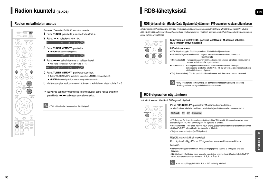 Samsung HT-THX25R/XEE Radion kuuntelu jatkoa, RDS-lähetyksistäFIN, Radion esivalintojen asetus, RDS-signaalien näyttäminen 