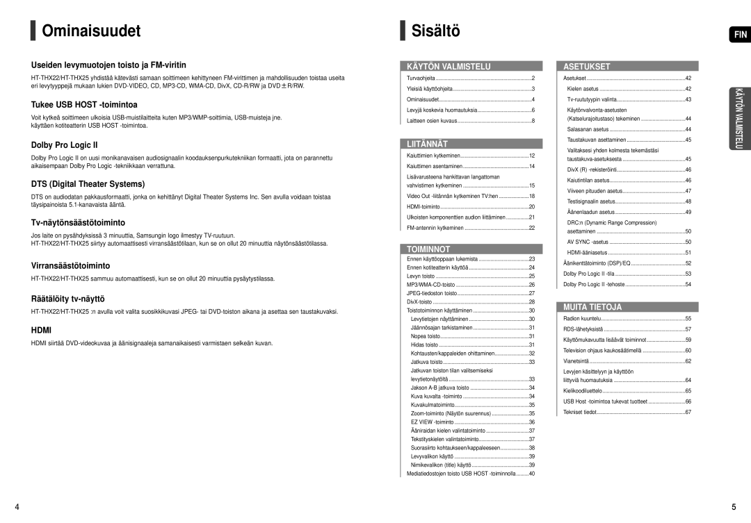 Samsung HT-THX25R/XEE, HT-THX22R/XEE manual Ominaisuudet, Sisältö 