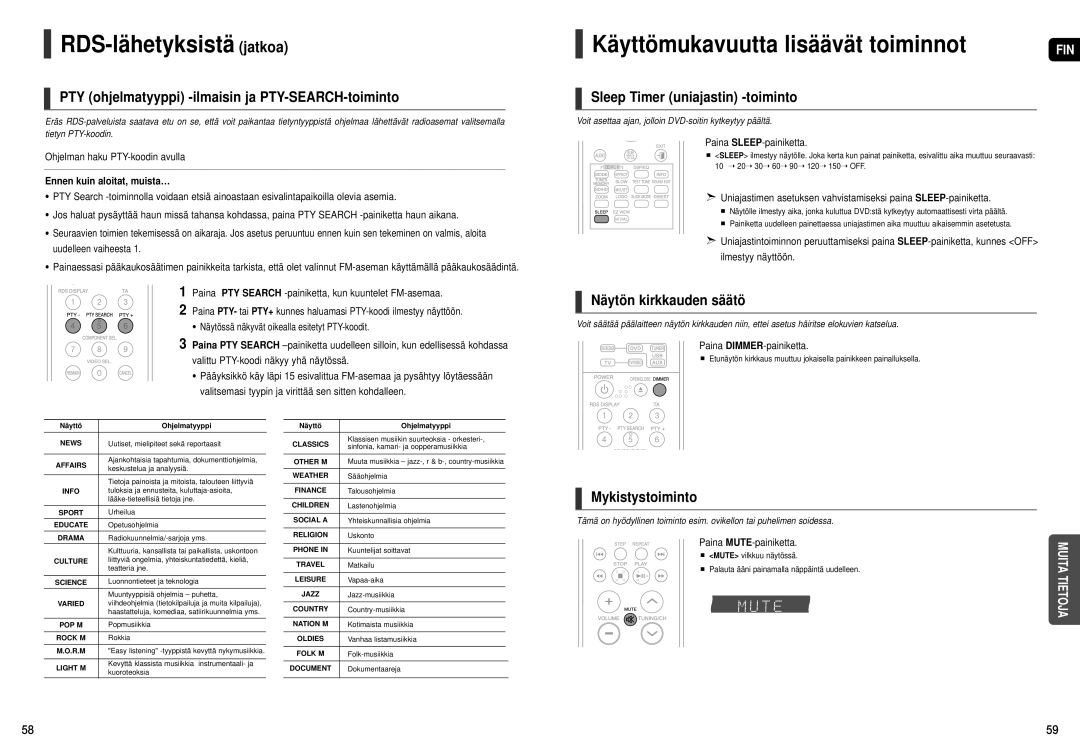 Samsung HT-THX22R/XEE, HT-THX25R/XEE manual RDS-lähetyksistä jatkoa, Käyttömukavuutta lisäävät toiminnot 