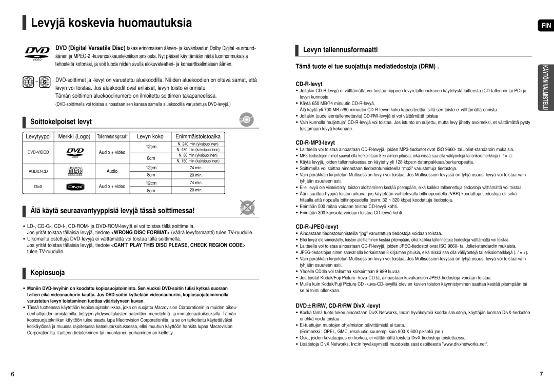 Samsung HT-THX22R/XEE manual Levyjä koskevia huomautuksia, Soittokelpoiset levyt, Kopiosuoja, Levyn tallennusformaatti 