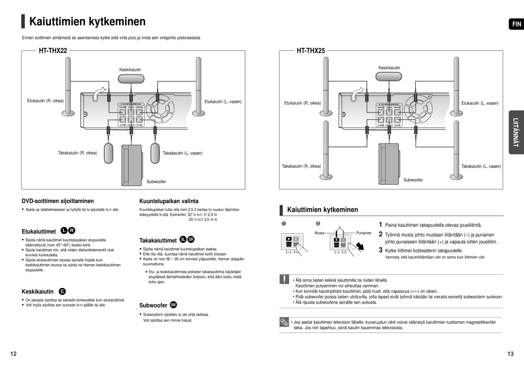 Samsung HT-THX25R/XEE, HT-THX22R/XEE manual Kaiuttimien kytkeminen 