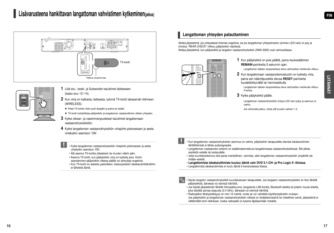 Samsung HT-THX25R/XEE manual Langattoman yhteyden palauttaminen, Kun langattomaan vastaanottomoduuliin on kytketty virta 