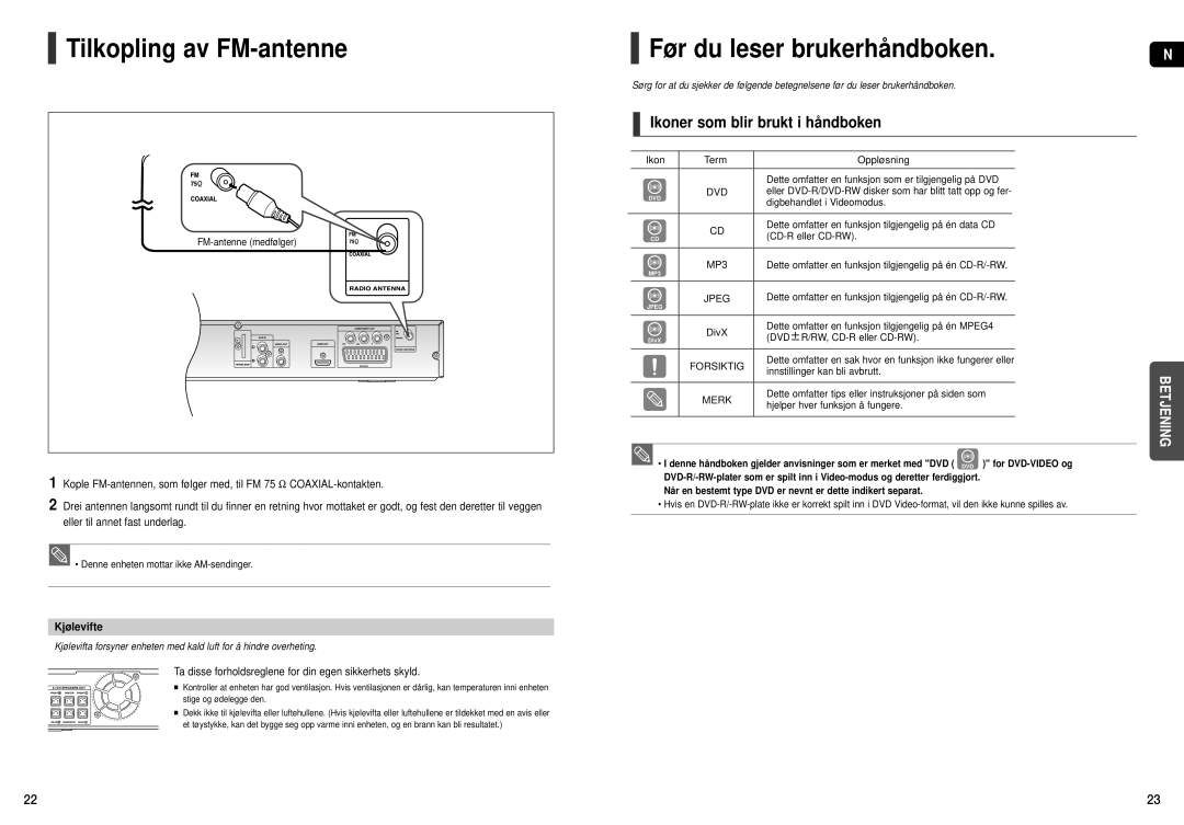 Samsung HT-THX22R/XEE manual Tilkopling av FM-antenne, Før du leser brukerhåndboken, Ikoner som blir brukt i håndboken 