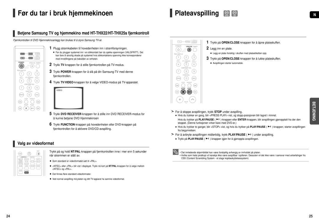 Samsung HT-THX25R/XEE, HT-THX22R/XEE manual Plateavspilling DVD CD, Trykk på OPEN/CLOSE-knappen for å lukke plateskuffen 