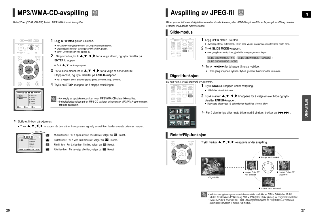 Samsung HT-THX22R/XEE, HT-THX25R/XEE MP3/WMA-CD-avspilling MP3, Avspilling av JPEG-fil Jpeg, Slide-modus, Digest-funksjon 