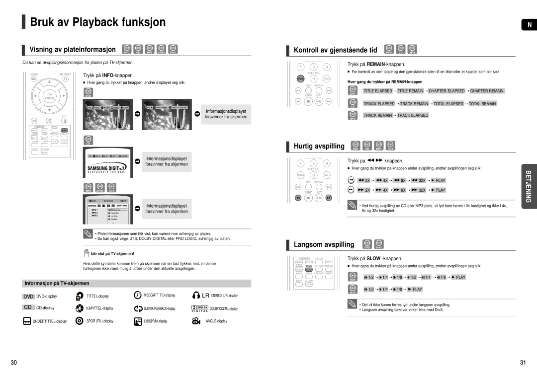 Samsung HT-THX22R/XEE manual Bruk av Playback funksjon, Visning av plateinformasjon, Kontroll av gjenstående tid DVD CD MP3 