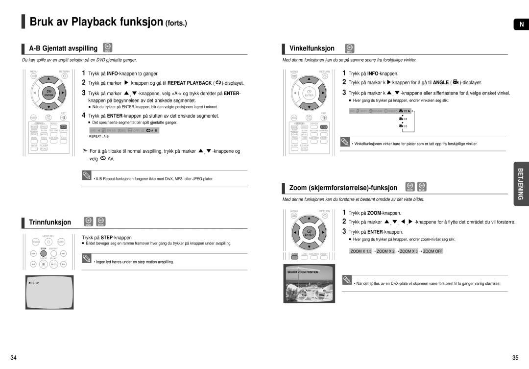 Samsung HT-THX22R/XEE, HT-THX25R/XEE manual Gjentatt avspilling DVD, Vinkelfunksjon 