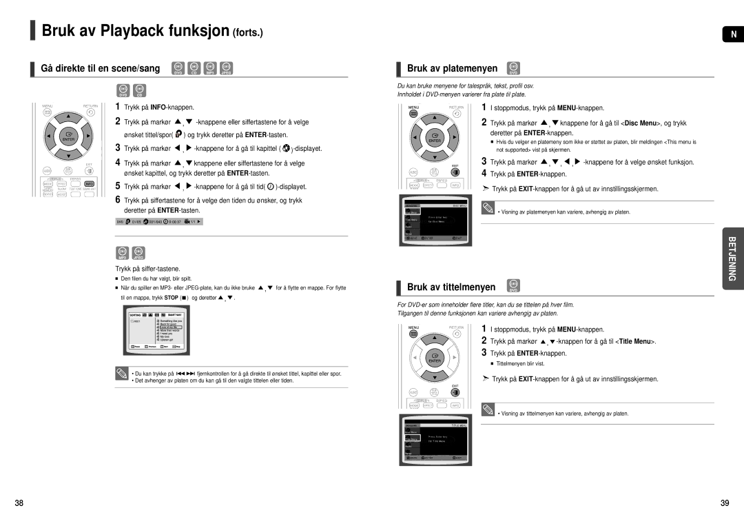 Samsung HT-THX22R/XEE, HT-THX25R/XEE manual Gå direkte til en scene/sang, Bruk av platemenyen, Bruk av tittelmenyen DVD 